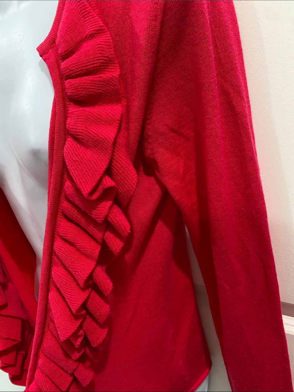 Tory Burch Pink Ruffle Open Front Cardigan Merino Wool Size Small - Picture 8 of 14
